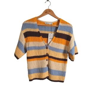 Zara Knit Striped Cropped Cardigan, Button Front Short Sleeve Top, Size S